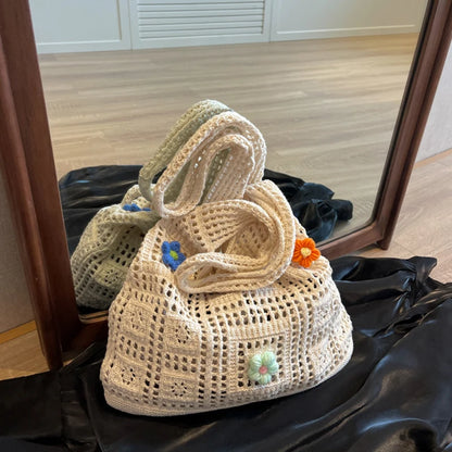 Knitted Tote Bag for Women – Flower Detail Summer Beach Bag