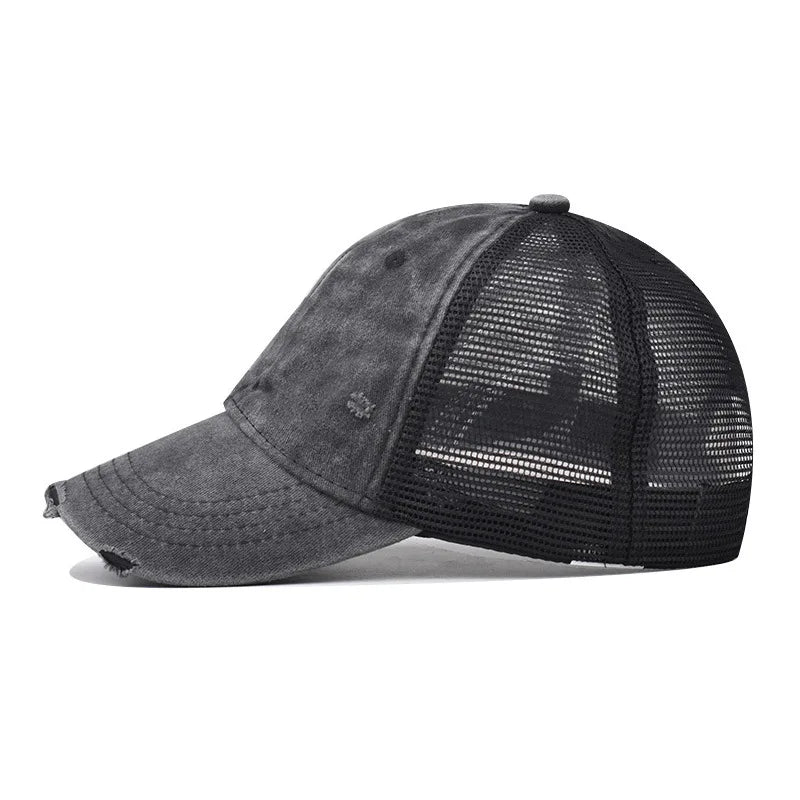 Distressed Mesh Trucker Baseball Cap – Unisex Washed Cotton Hat
