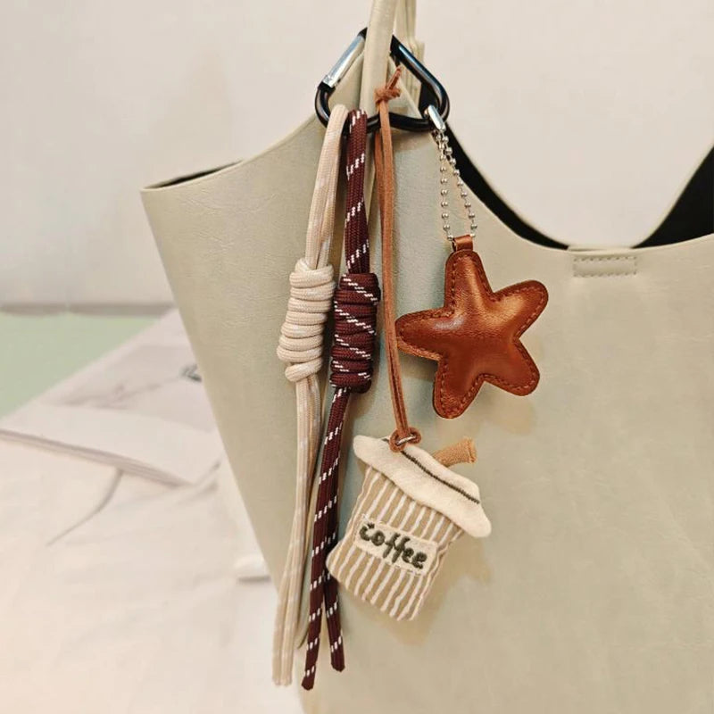 Kawaii Coffee Keychain Bag Charm with Embroidery Linen Pendant