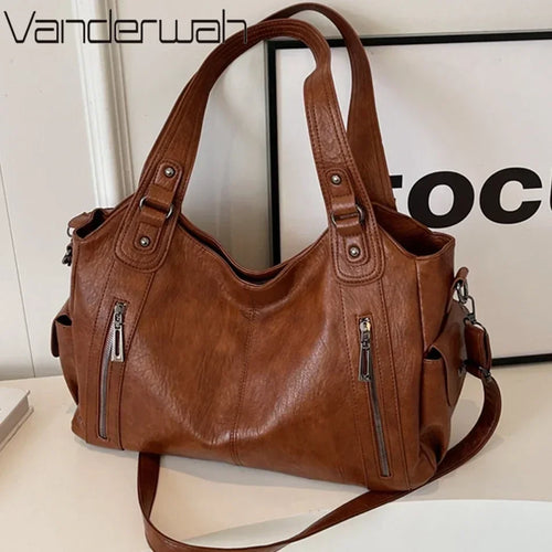 Women's Vintage Leather Tote Bag – Large Capacity Multi-Pocket Shoulder Bag