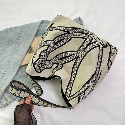 Retro Casual Tote Bag Fashionable Design Canvas Style Printed Shoulder Large Capacity Contrasting