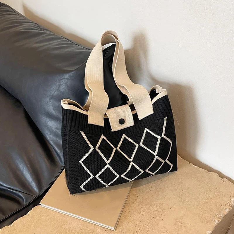 Knit Tote Bag – Argyle Diamond Pattern Large Capacity Shoulder Bag