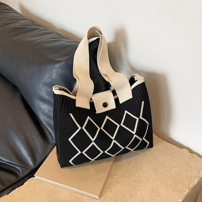 Knit Tote Bag – Argyle Diamond Pattern Large Capacity Shoulder Bag