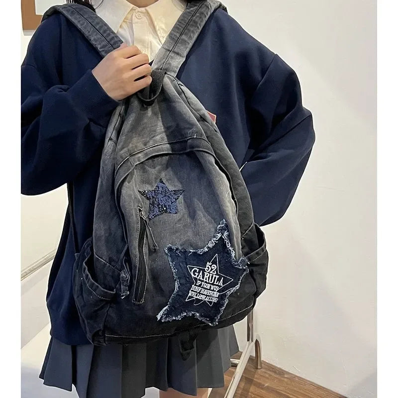 Denim Star Backpack – Y2K Korean Vintage Schoolbag