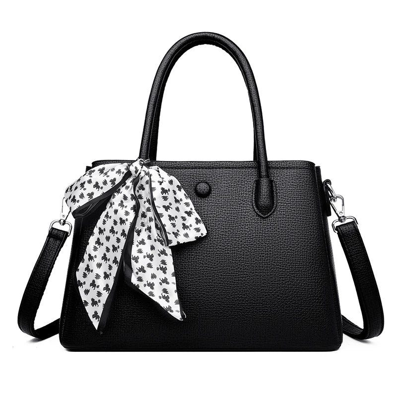 Women's Luxury PU Leather Tote Handbag – Soft Casual Shoulder Bag with Scarf