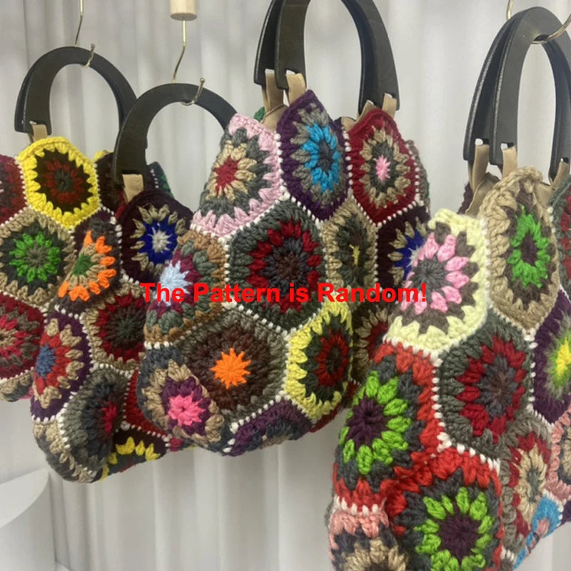 Bohemian Granny Squarecrochet Women Handbags Vintage Wooden Knitted Hand Bags Handmade Woven Large