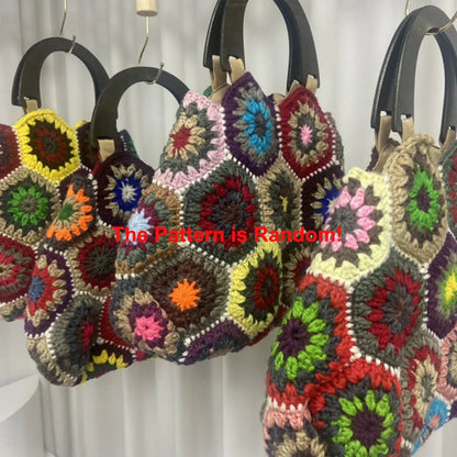 Bohemian Granny Squarecrochet Women Handbags Vintage Wooden Knitted Hand Bags Handmade Woven Large