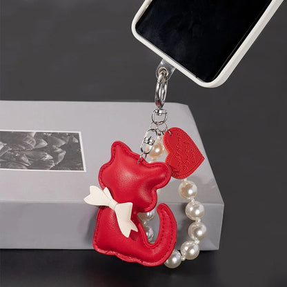 Cute Cat Leather Keychain with Pearl Bracelet & Bow