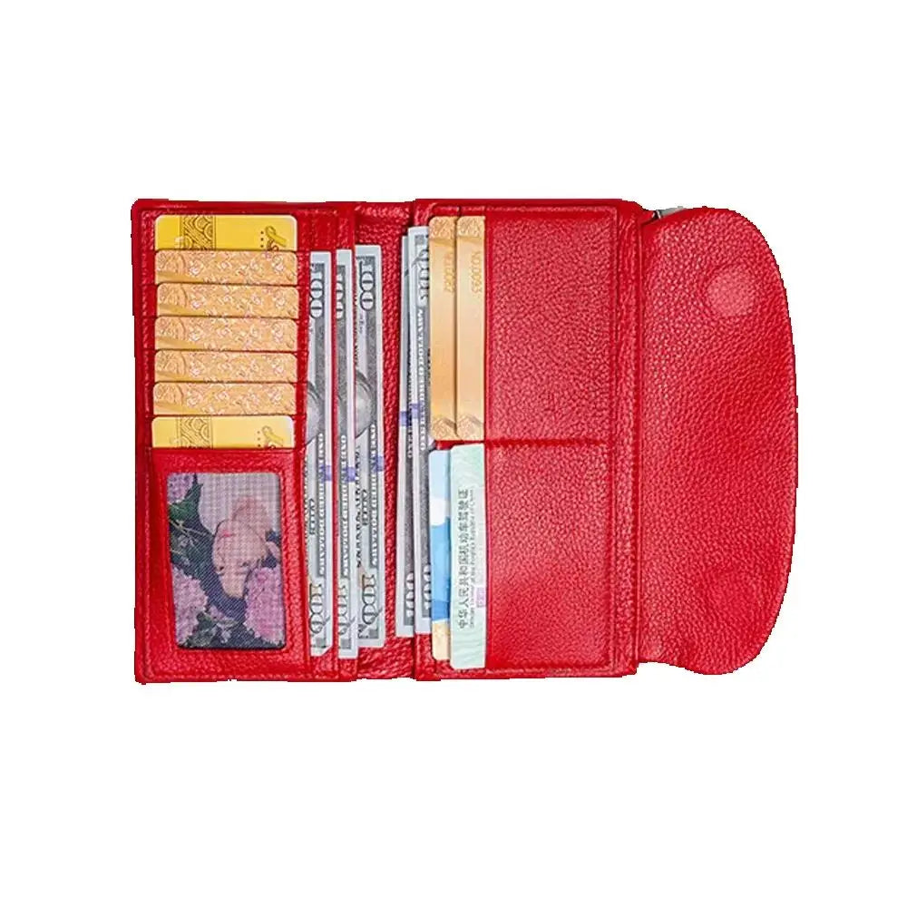 Genuine Leather Tri-Fold Long Wallet for Women – Patchwork Color-Block Purse