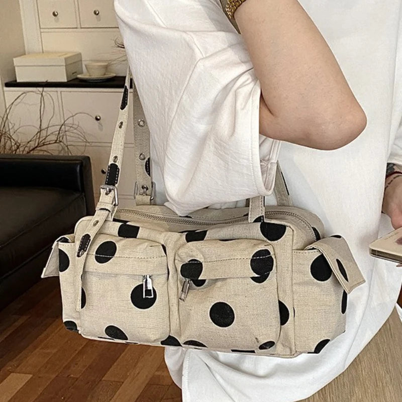 Polka Dot Canvas Shoulder Bag – Multi-Pocket Large Capacity Boston Handbag