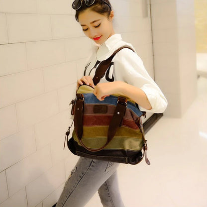 Rainbow Striped Canvas Shoulder Bag – Women's Patchwork Crossbody Tote