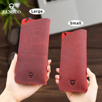Genuine Leather Glasses Case Soft Pouch with Neck Strap