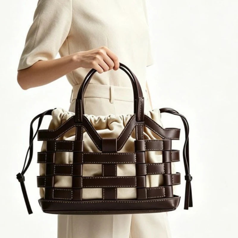Woven Leather Basket Tote Bag – Women's Drawstring Handbag