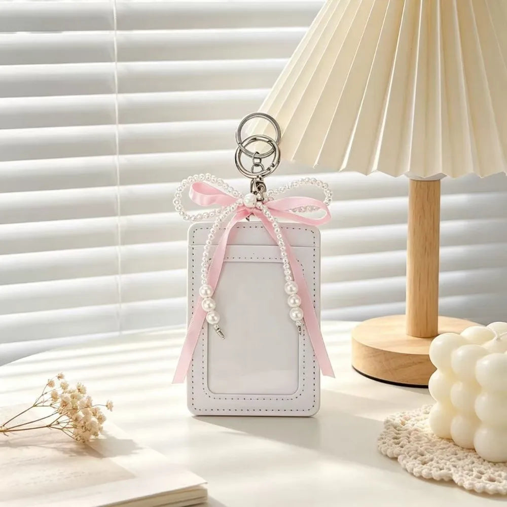 Pearl Bow Photocard Holder with Keychain – Cute ID Card Case