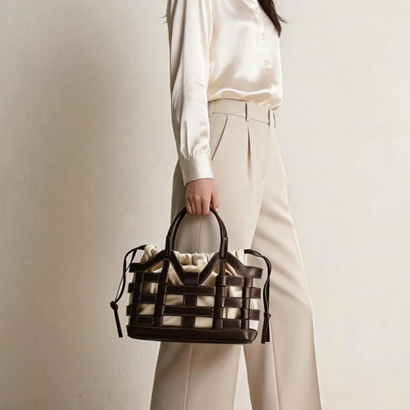 Woven Leather Basket Tote Bag – Women's Drawstring Handbag