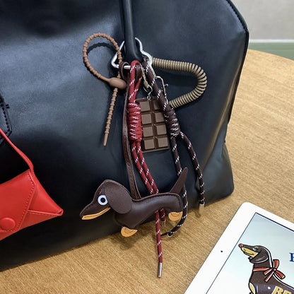 Dachshund Keychain Leather Dog Bag Charm with Braided Rope