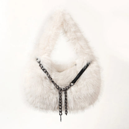 Fluffy Plush Shoulder Bag - Luxury Metal Chain Handbag for Women