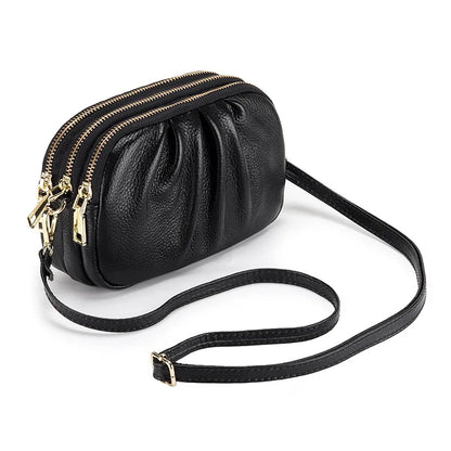 Genuine Leather Crossbody Bag – Multi-Zip Cowhide Shoulder Bag for Women