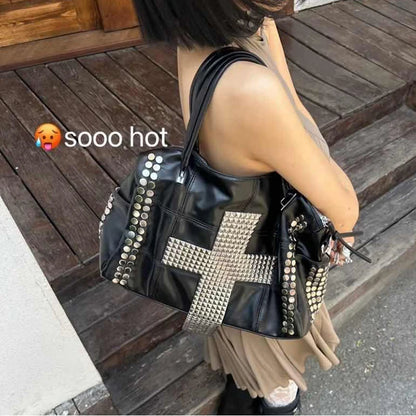 Studded Cross Punk Handbag – PU Leather Crossbody Bag