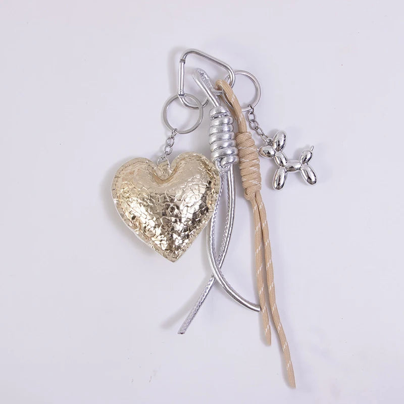 Leather Heart Keychain – Cute Beaded Bow Keyring with Bag Charm