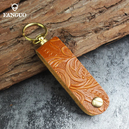 Genuine Leather Key Pouch Organizer – Handmade Floral Embossed Keychain Holder