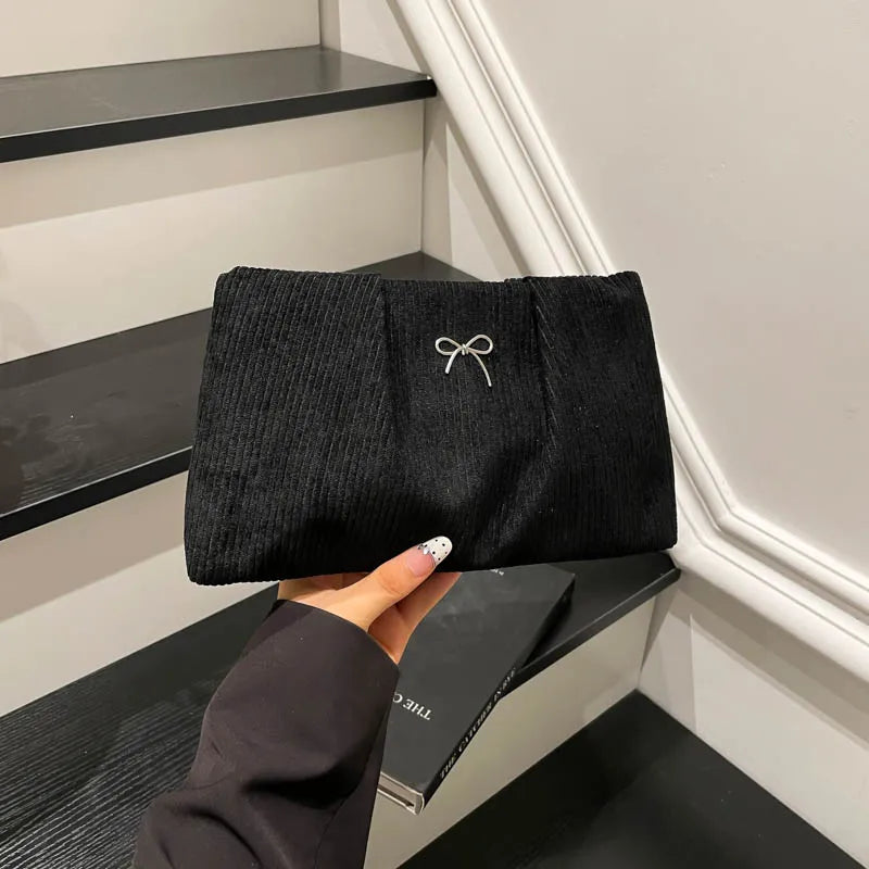 Bow Corduroy Cosmetic Bag Large Capacity Makeup Clutch Purse