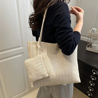 Large Capacity Woven Straw Tote Bag – Retro Shoulder Handbag with Pouch
