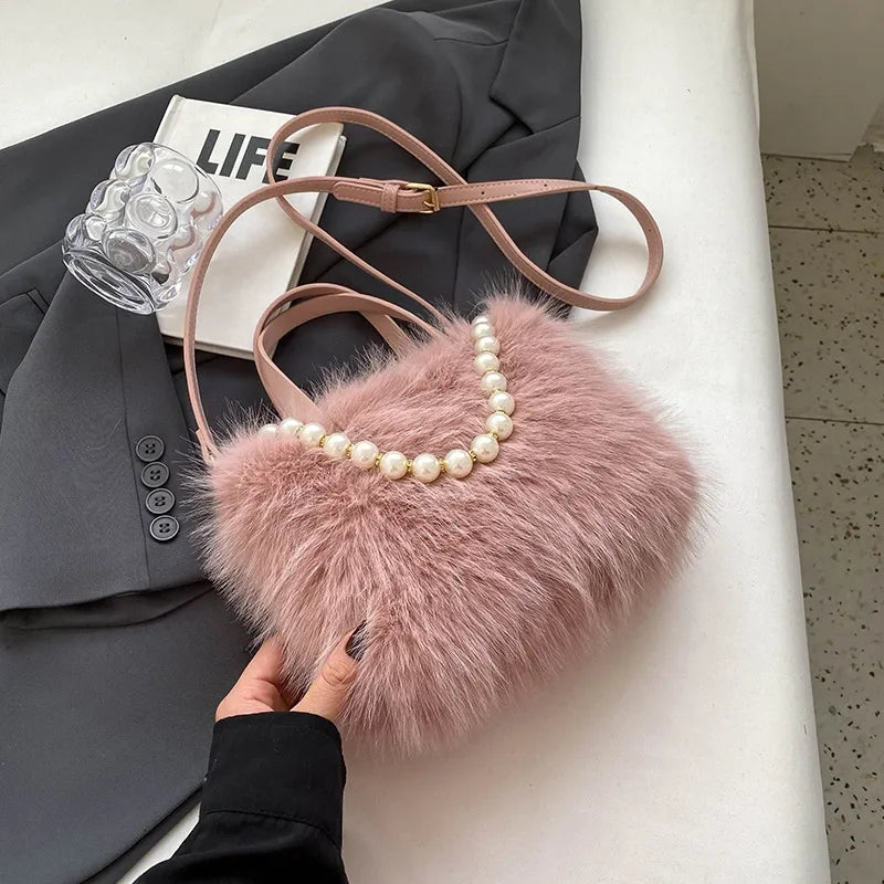 Faux Fur Crossbody Bag with Pearl Chain – Women's Winter Shoulder Handbag