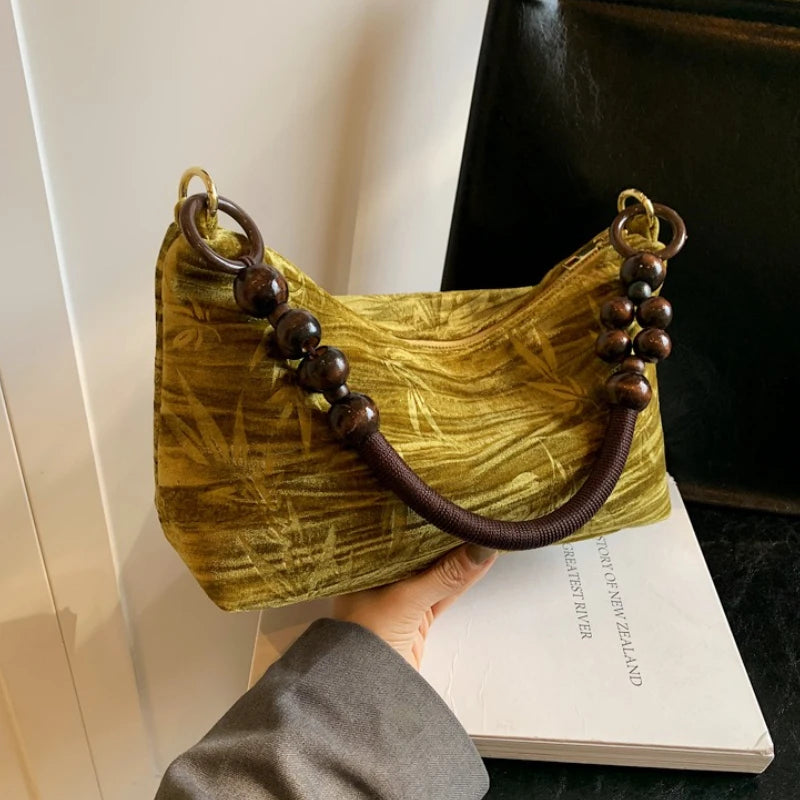 Bead Handle Shoulder Bag – Women's Retro Canvas Underarm Bag