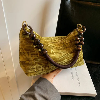 Bead Handle Shoulder Bag – Women's Retro Canvas Underarm Bag