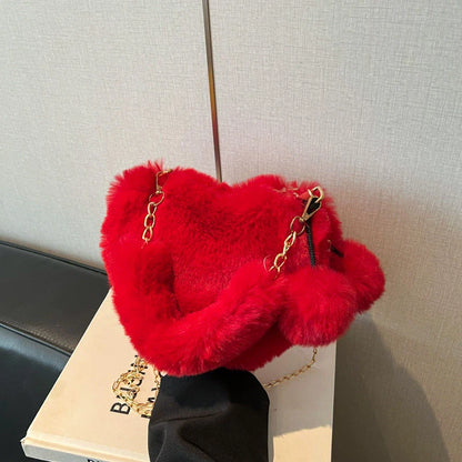 Fluffy Heart Shaped Fur Bag – Cute Plush Shoulder Bag with Chain Strap