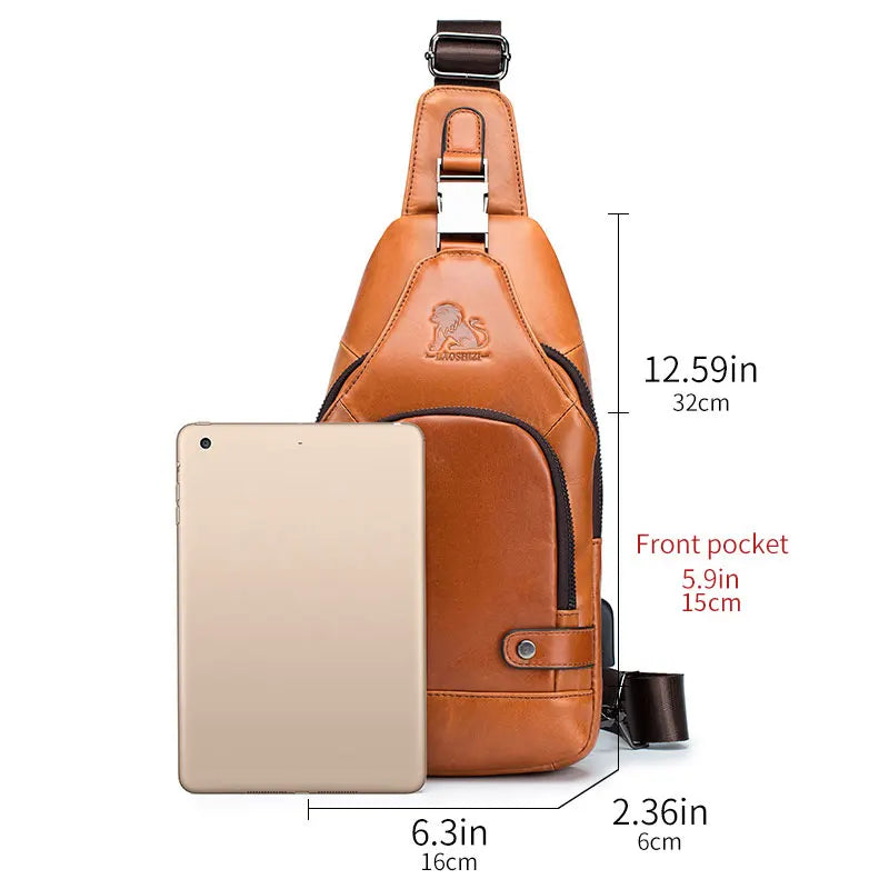 Men's Genuine Leather Sling Bag with USB Charging Port