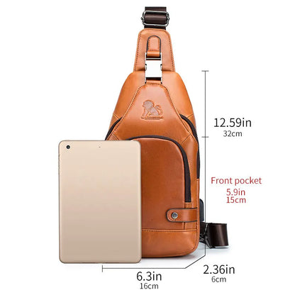 Men's Genuine Leather Sling Bag with USB Charging Port