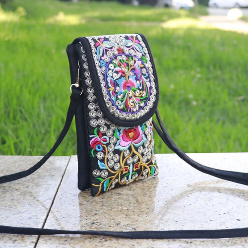 Embroidered Boho Crossbody Phone Bag for Women – Canvas Mini Shoulder Bag