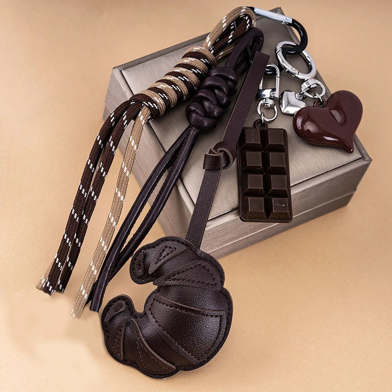 Leather Croissant Keychain with Braided Rope & Charms