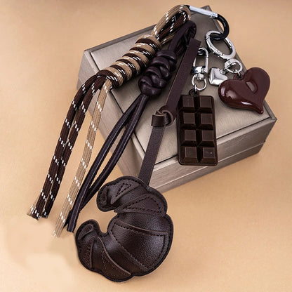 Leather Croissant Keychain with Braided Rope & Charms