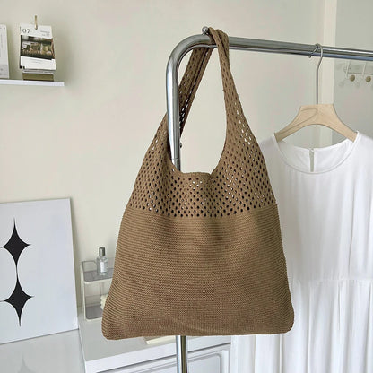 Hollow Knit Shoulder Tote Bag for Women – Large Capacity