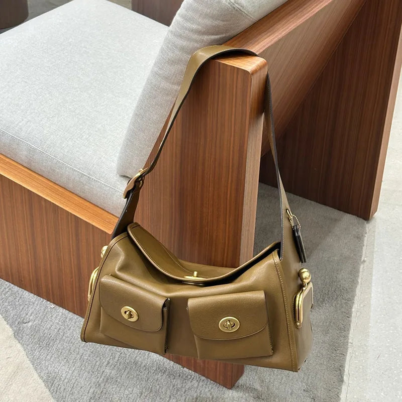 Women Lady Pu Leather Bags Big Capacity Vintage Style Shoulder Hand Zipper Closure Multi Pocket