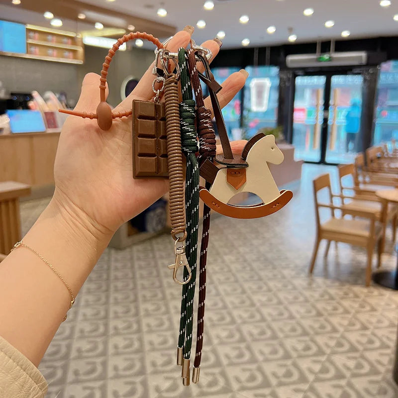 Leather Horse Pendant Keychain with Braided Rope Bag Charm