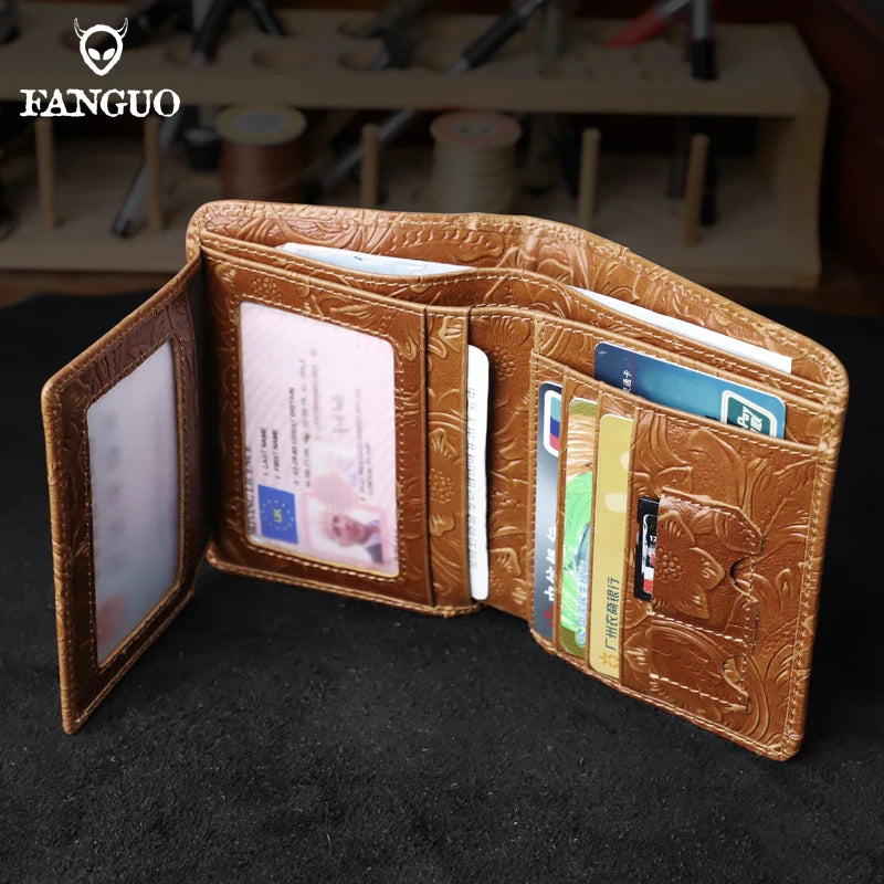 Genuine Leather RFID Blocking Wallet – Floral Embossed Bifold with Card Windows