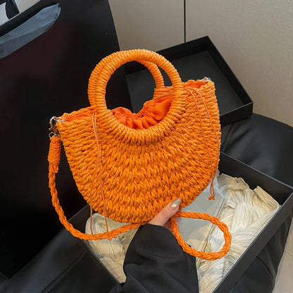Woven Straw Handbag - Women's Half Moon Rattan Shoulder Bag