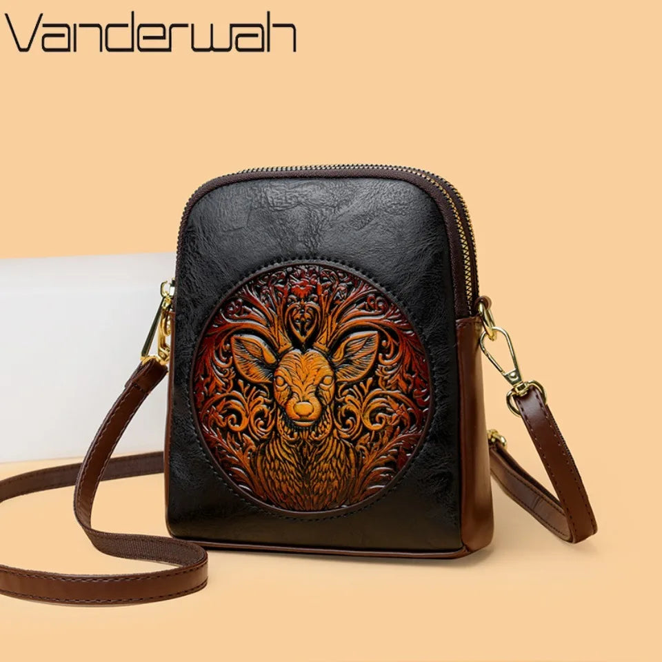 Vintage Deer Head Embossed Leather Crossbody Bag – Mini Multi-Pocket Purse