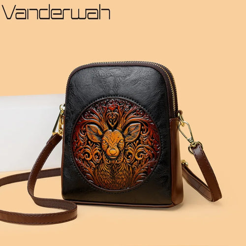 Vintage Deer Head Embossed Leather Crossbody Bag – Mini Multi-Pocket Purse