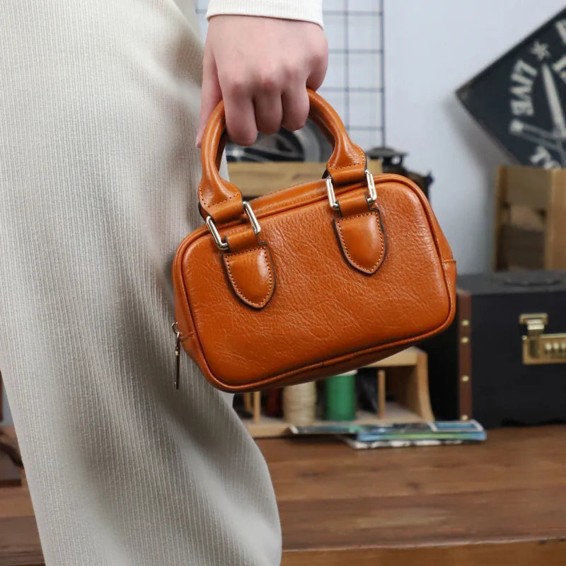 Genuine Leather Mini Boston Bag – Women's Crossbody Tote