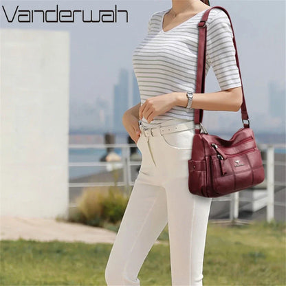 Leather Shoulder Bag for Women – Multi-Pocket Crossbody Purse