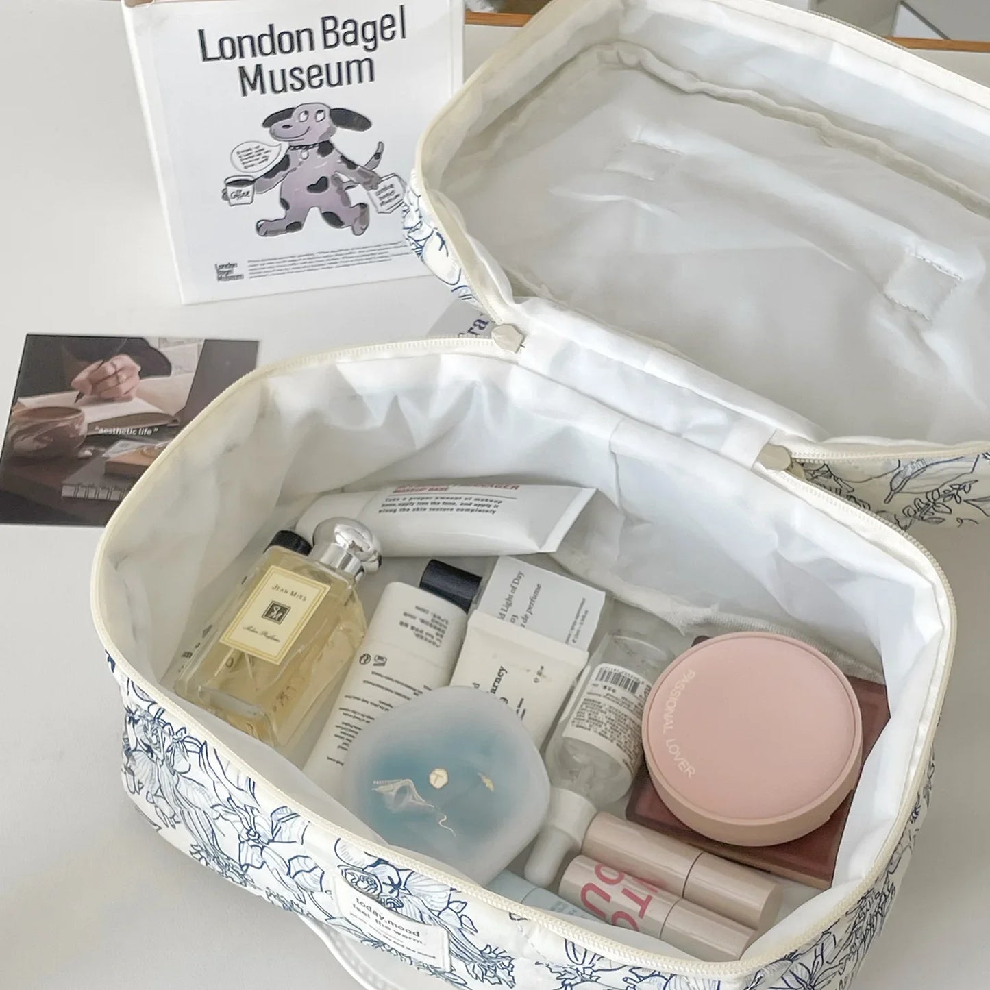 Quilted Floral Cotton Makeup Bag with Zipper