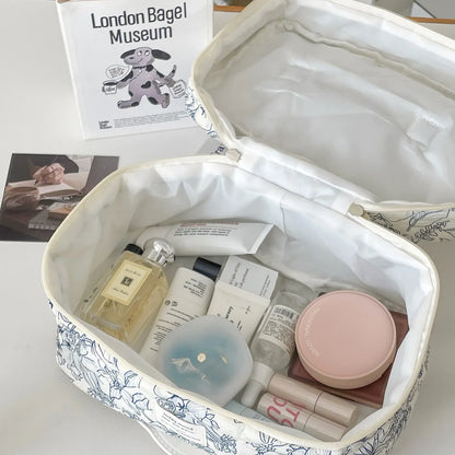 Quilted Floral Cotton Makeup Bag with Zipper