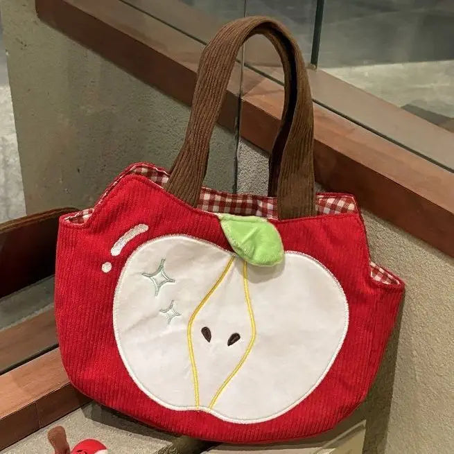 Cute Apple Corduroy Shoulder Bag – Creative Canvas Tote for Women