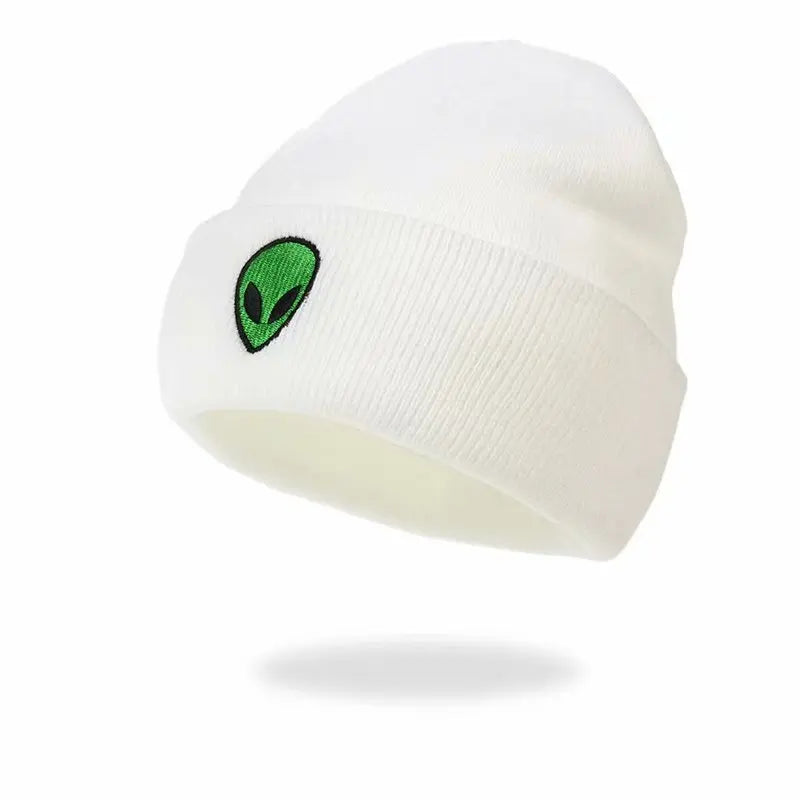 Knitted Beanie Hat with Alien Ghost Skull Embroidery