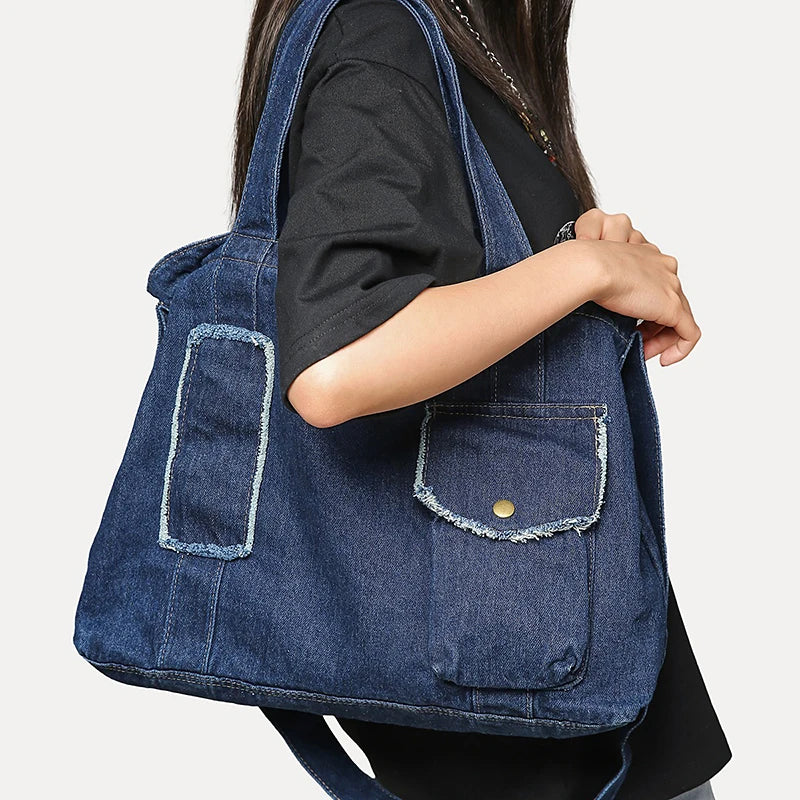 Women's Denim Tote Bag – Large Crossbody Shoulder Bag for School & Daily Use